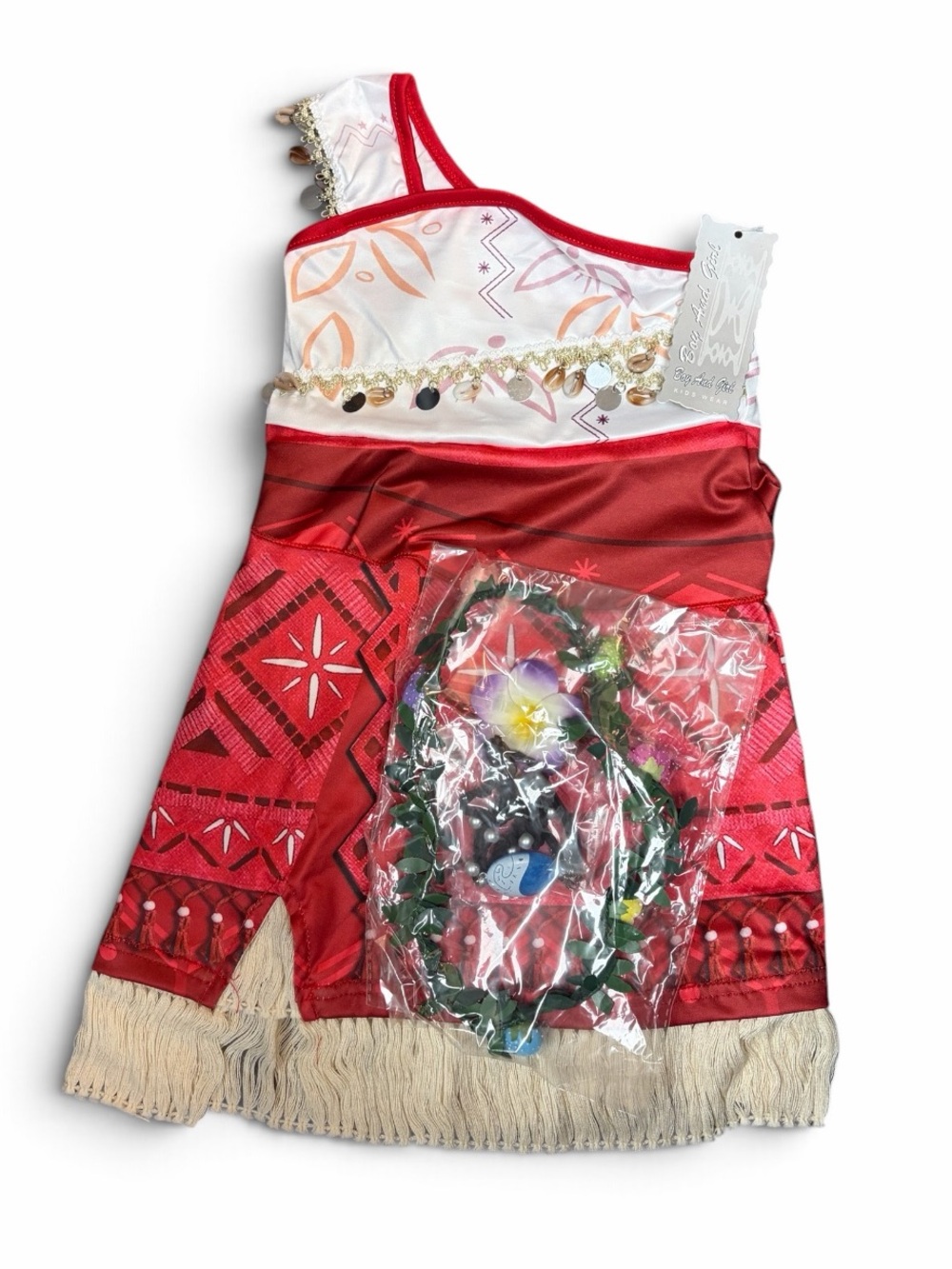 Red Girls' Moana-Inspired Costume Dress with Floral accessories